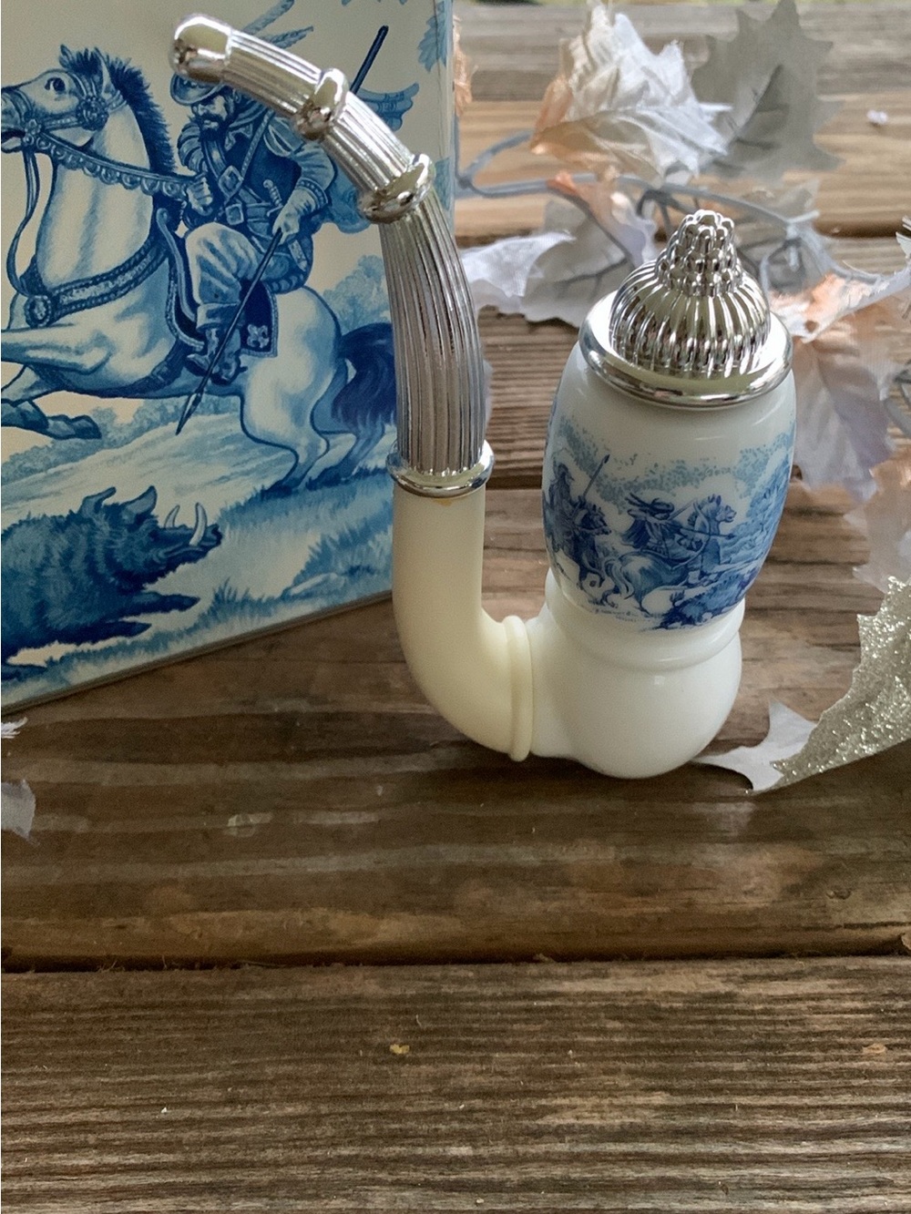 Avon Blue and White Ceramic Figurine with Silver Accents After Shave